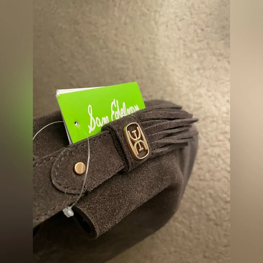 Sam Edelman🤎🖤 Astrid spiced pecan Suede Women's Black Leather Bucket Bag NWT